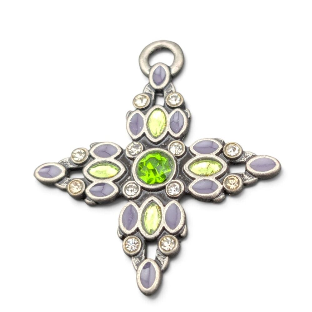 Silver Tone Cross Pendant Green Rhinestones Purple Cabochon 1.25" Unmarked